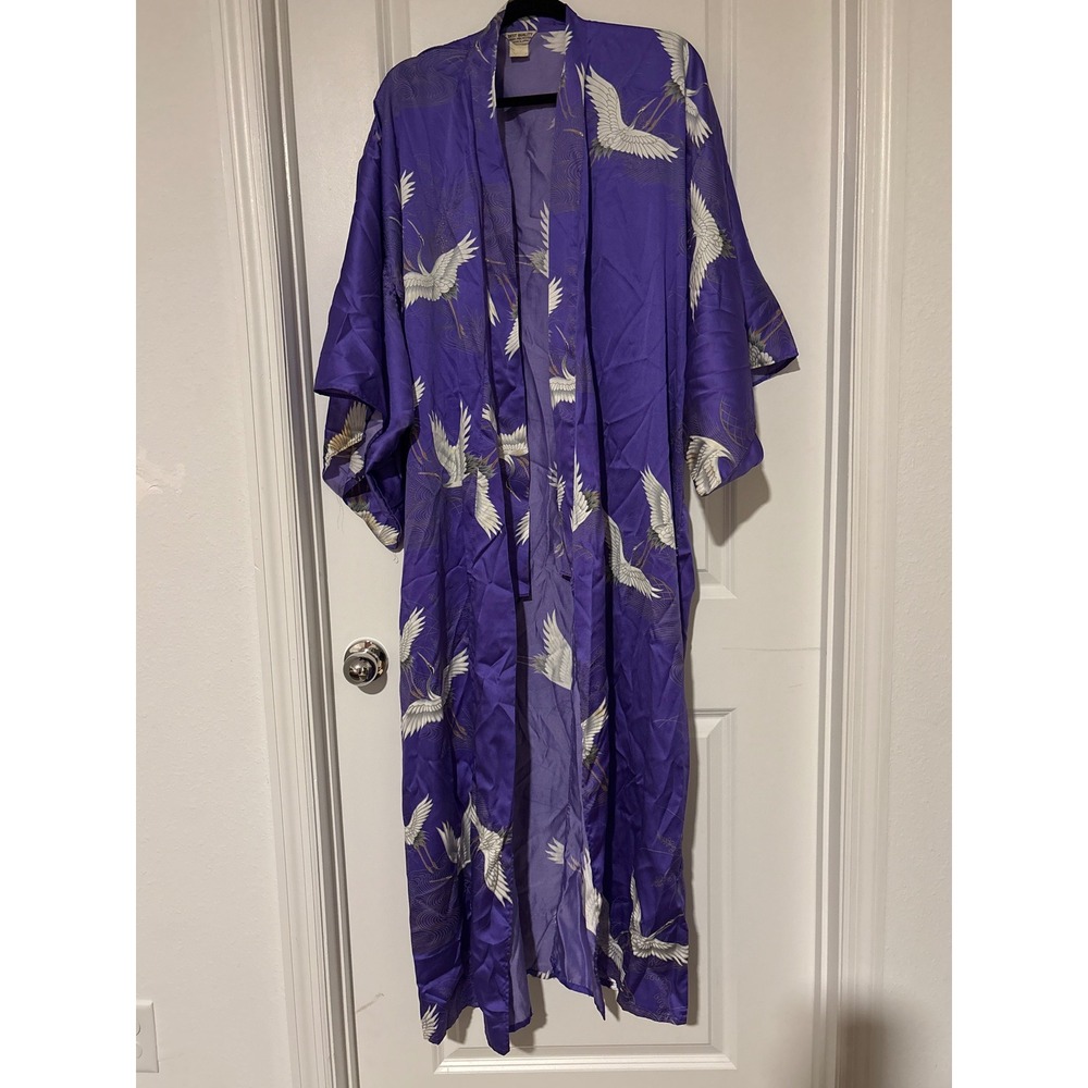 Vintage Purple Crane Print Kimono Robe Made in Japan Satin Open Front Loungewear